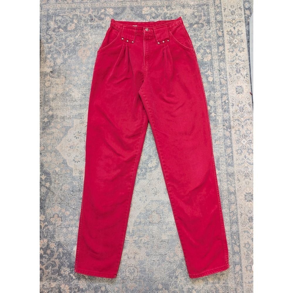 Vintage Red Denim 90s Bareback Western Jeans Pleated High Rise Studded Size 11